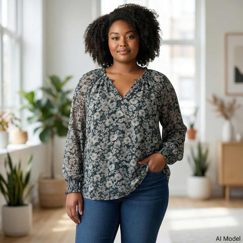 CAbi Green Floral Sheer Ruffled V-Neck Blouse, Plus Size M